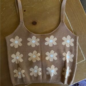 Floral Knit Tank Top - Tan and Cream